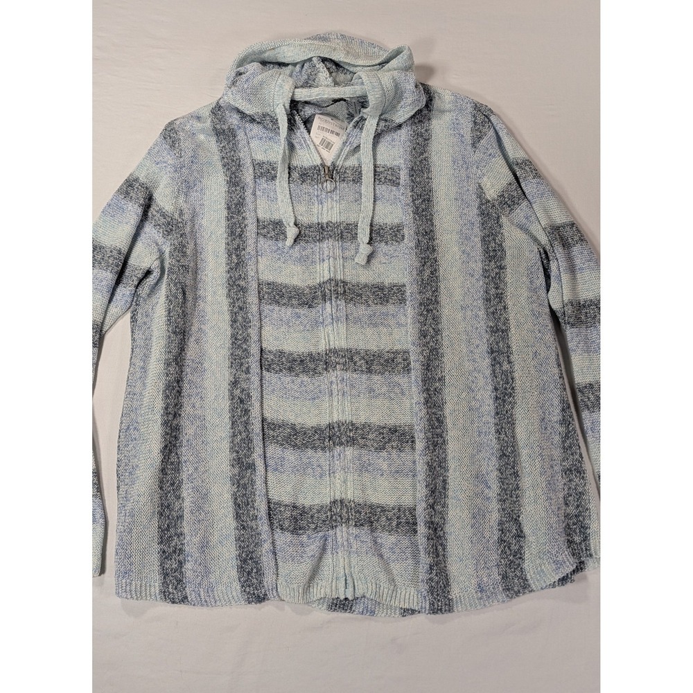 Nic+Zoe Womens XXL Blue Striped Full Zip Hooded Cotton Blend Sweater NWT - Picture 2 of 8